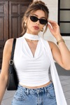 White Cowl Neck Ruched Crop Top with Scarf