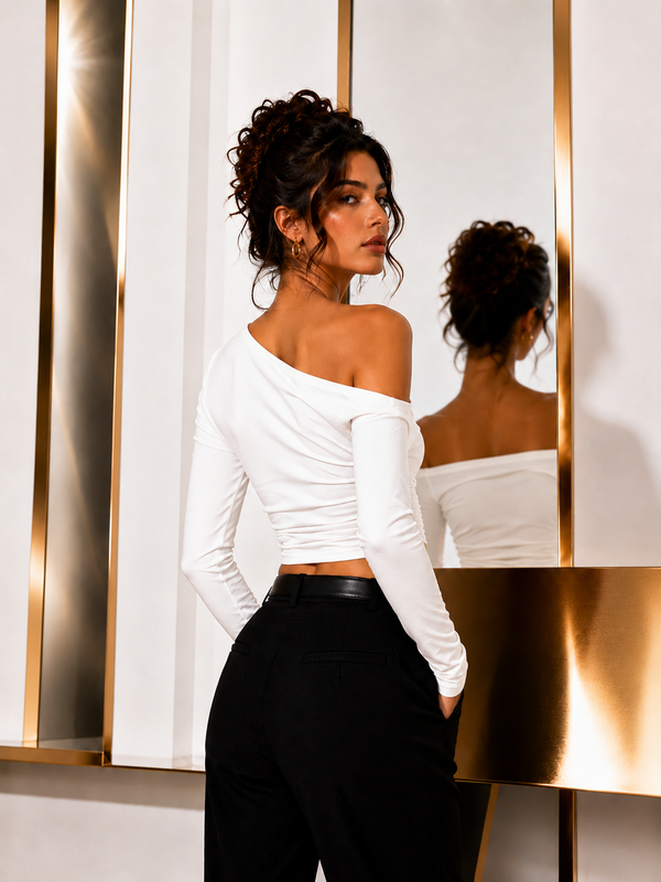White Off-Shoulder Ruched Full Sleeve Crop Top