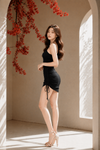 Black Ruched Bodycon Mini Dress with Drawstring Detail