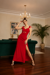 Red Ruched Cut-Out Slit Maxi Dress