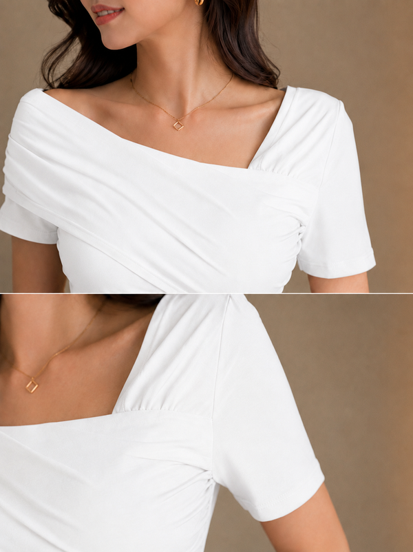 White Asymmetric Ruched Neck Fitted Top for Women