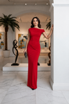 Red One-Shoulder Twist Waist Maxi Dress