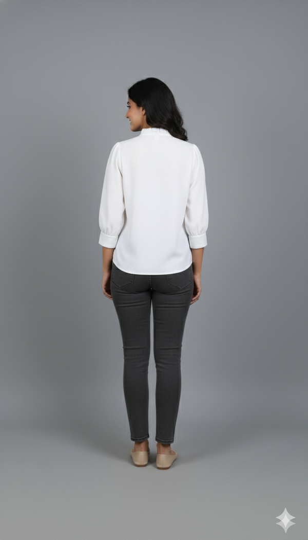 Premium White Solid Ruffle Collar Shirt - GARMENT2FASHION