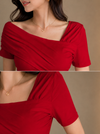 Red Asymmetric Ruched Neck Fitted Top for Women