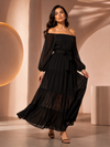 Black Off-Shoulder Tiered Maxi Dress with Waist Tie