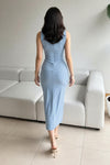 Light Blue High Neck Ruched Bodycon Midi Dress