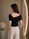 Black Asymmetric Ruched Neck Fitted Top for Women