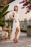 White Ruffle Hem High-Low Midi Dress