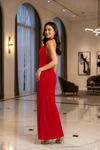 Red Cowl Neck Halter Maxi Dress with Thigh Slit