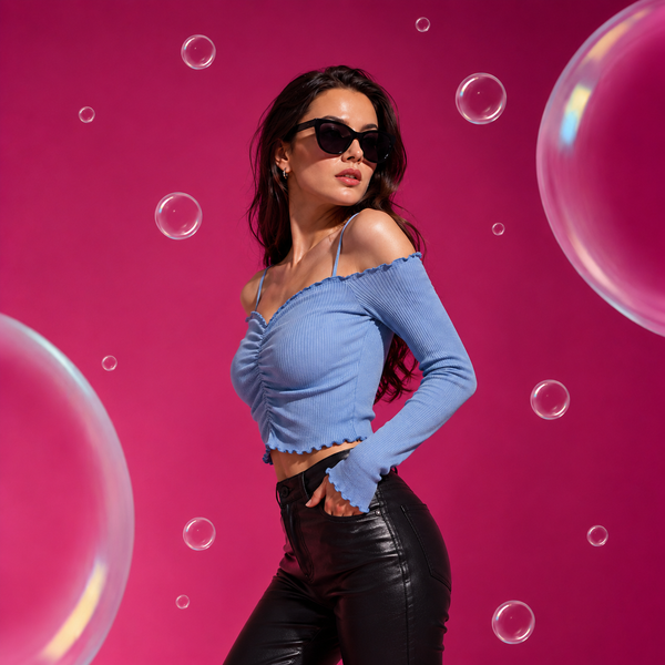 Sky Blue Ruched Off Shoulder Ribbed Crop Top