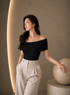 Black Asymmetric Ruched Neck Fitted Top for Women