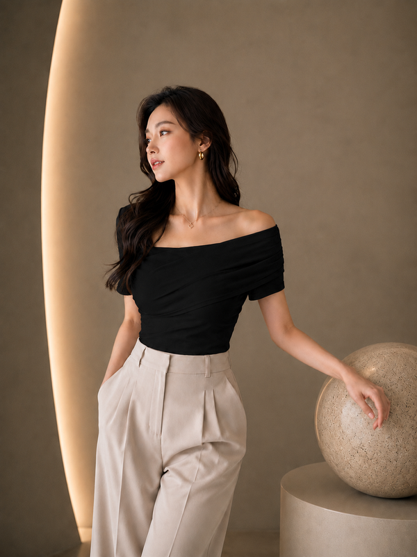 Black Asymmetric Ruched Neck Fitted Top for Women