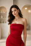 Red Valencia Strapless Gathered Frill Mini Dress
