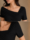 Black Asymmetric Ruched Neck Fitted Top for Women
