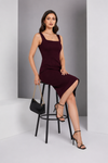 Wine Deep Plum Square Neck Slit Midi Dress