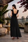 Black Ruffle High-Low Powernet Midi Dress