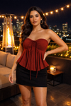Red Strapless Ruched Peplum Top for Women