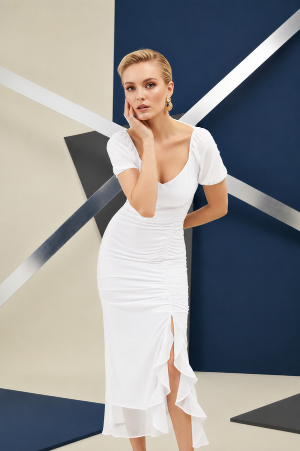 White Ruched Wrap Midi Dress