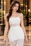White Rosette Illusion Mesh Evening Gown