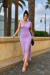 Lavender One-Shoulder Ruched Slit Maxi Dress