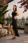 Black Ruffle High-Low Powernet Midi Dress
