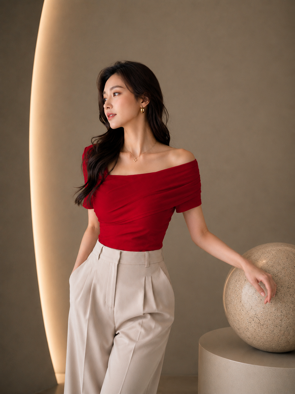 Red Asymmetric Ruched Neck Fitted Top for Women