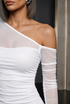 White One-Shoulder Ruched Powernet Mini Dress