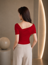 Red Asymmetric Ruched Neck Fitted Top for Women