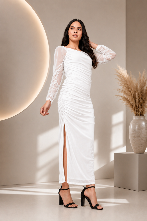 White Ruched Side Slit Maxi Dress
