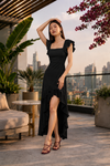 Black Ruffle High-Low Powernet Midi Dress