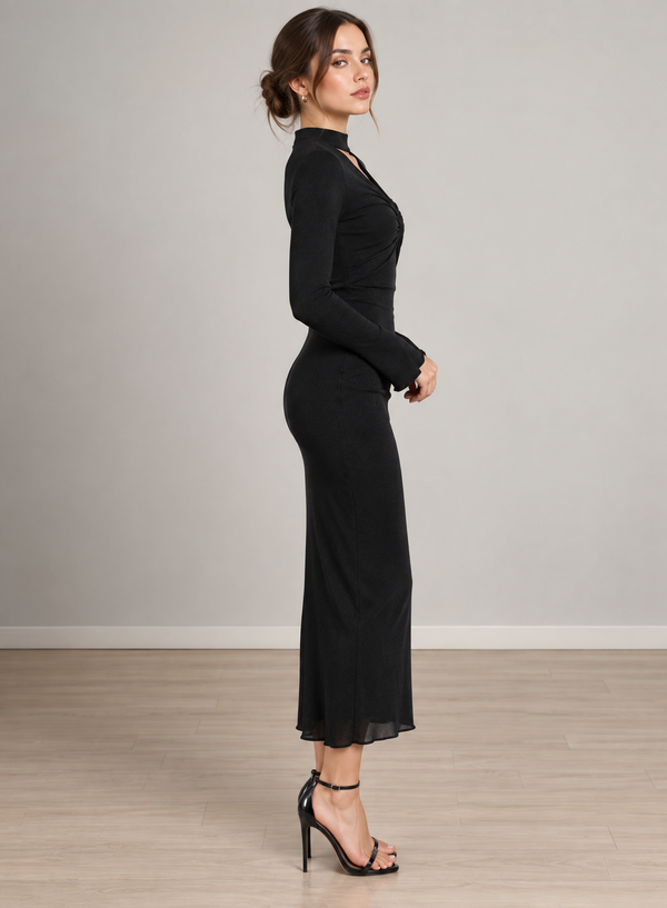 Black Ruched Keyhole Neck Midi Dress
