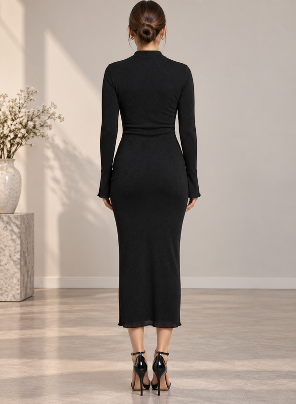 Black Ruched Keyhole Neck Midi Dress