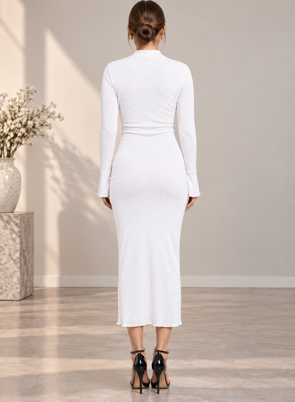 White Ruched Keyhole Neck Midi Dress