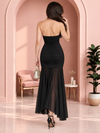 Women’s Ruched Strapless High-Low Maxi Dress with Mesh Overlay – Black