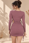 Dusty Mauve Ruched Side-Tie Cut-Out Full Sleeve Mini Dress for Women