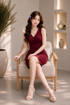 Maroon V-Neck Ruched Bodycon Mini Dress