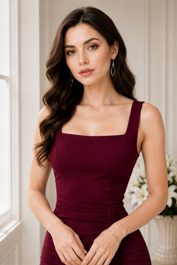 Square neck ruched dress