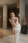 White Rosette Illusion Mesh Evening Gown