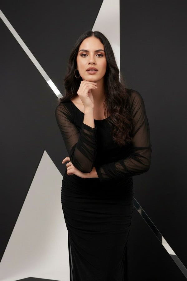Black Ruched Side Slit Maxi Dress