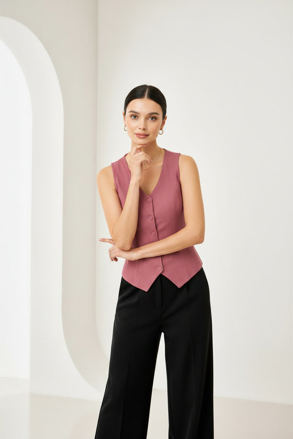 Peach Sleeveless Tailored Button Front Top