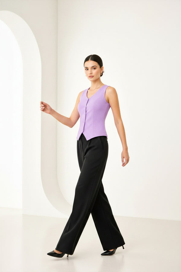 Purple Sleeveless Tailored Button Front Top