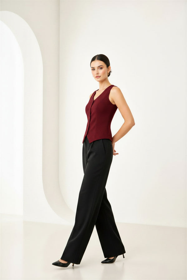 Maroon Sleeveless Tailored Button Front Top