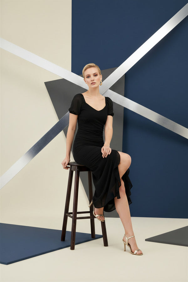 Black Ruched Ruffle Hem Midi Dress