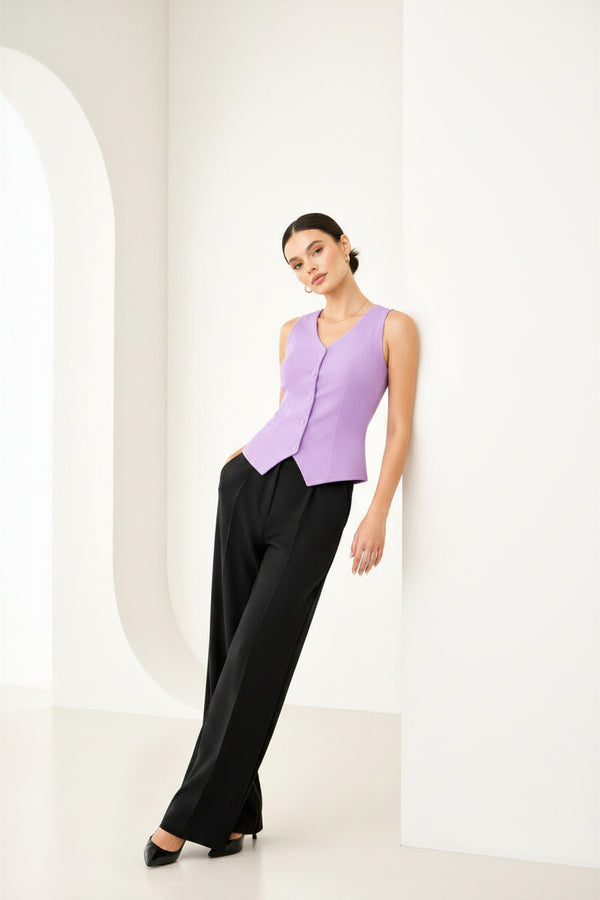 Purple Sleeveless Tailored Button Front Top