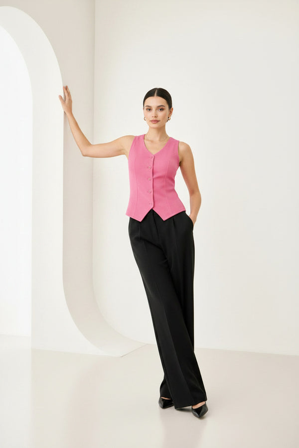 Pink Sleeveless Button Front Waistcoat Top