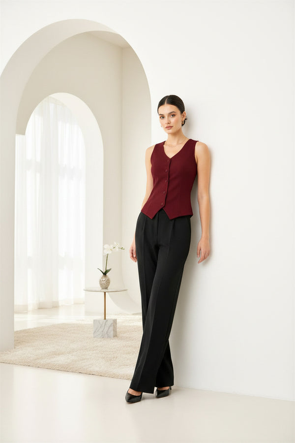 Maroon Sleeveless Tailored Button Front Top