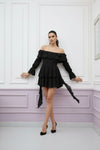 Black Off-Shoulder Ruffle Layered Mini Dress