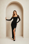 Black Square Neck Ruched Maxi Dress with Side Slit