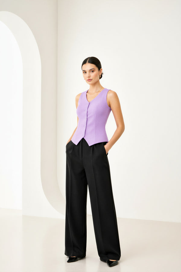 Purple Sleeveless Tailored Button Front Top