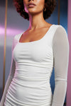 White Square Neck Ruched Bodycon Mini Dress